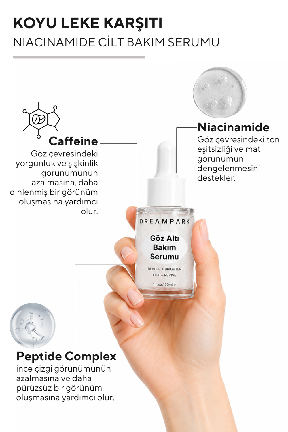 Göz Altı Bakım Serumu – Kafein & Peptit, Morluk ve Şişkinlik Karşıtı 30 ml
